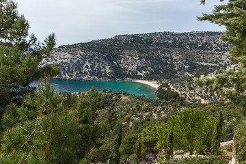 Fototapeta premium Blue waters of Livadi beach, Thassos island, East Macedonia and Thrace, Greece 