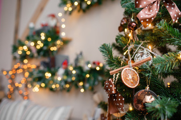 decorative cinnamon and dried fruit close-up. Decorated Christmas tree on blurred, sparkling fairy background