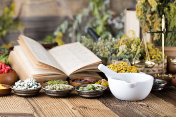 Assorted natural medical herbs and mortar
