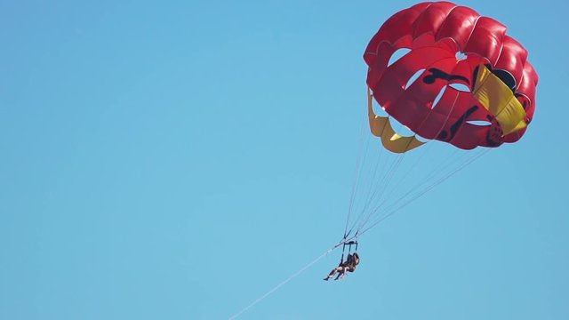 Pleased female and male athletes flying with parachute over ocean, parascending