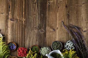 Assorted natural medical herbs and mortar