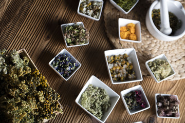 Assorted natural medical herbs and mortar