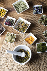 Assorted natural medical herbs and mortar
