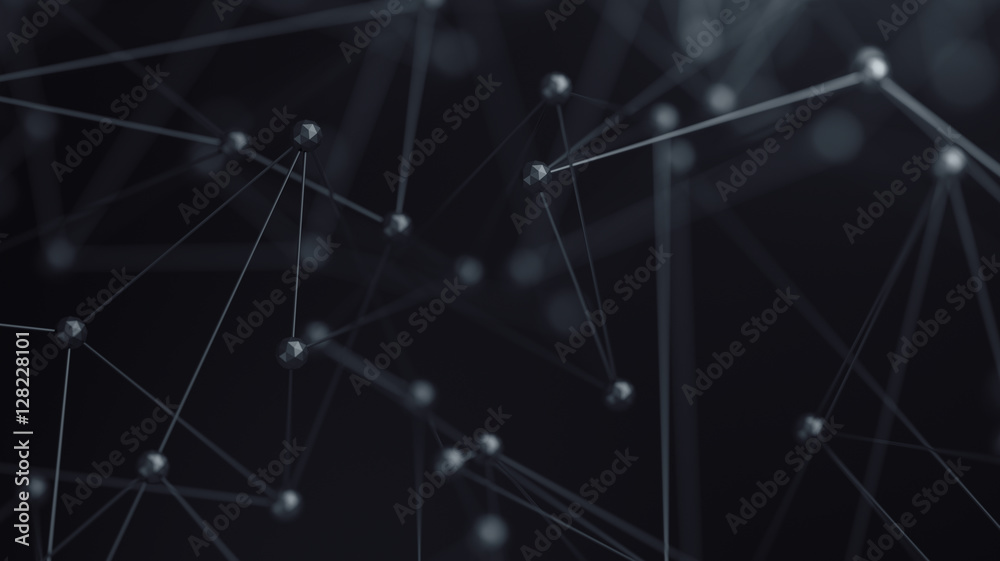 Poster abstract 3d rendering of chaotic structure. plexus background with lines and polygonal spheres in em