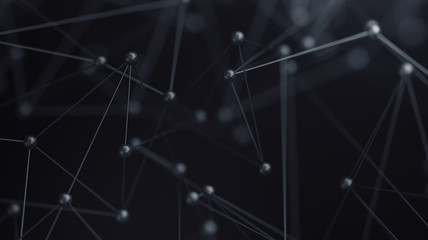 Abstract 3d rendering of chaotic structure. Plexus background with lines and polygonal spheres in empty space. Futuristic shape. Network concept. Modern design for banner, poster, placard.