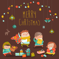 Card with cute kids, sweets and christmas presents