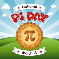 Pi Day, March 14, to celebrate the mathematical constant pi and to eat lots of fresh baked sweet pie, international holiday, red polka dot text, blue sky and clouds background. EPS8 compatible. - obrazy, fototapety, plakaty