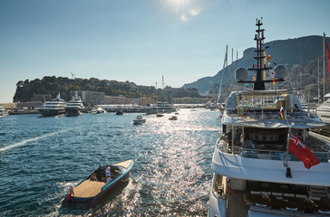 Monaco, Monte-Carlo, 29 September 2016: World Fair MYS Monaco Yacht Show, Port Hercules, luxury megayachts, many shuttles, taxi boat, presentations, Journalists, boat traffic, Azur water