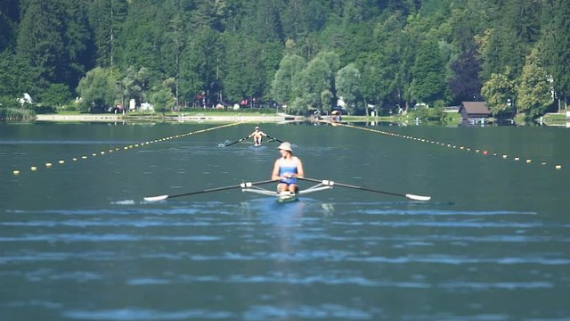 Professional rowers training before competition, interesting hobby, sport