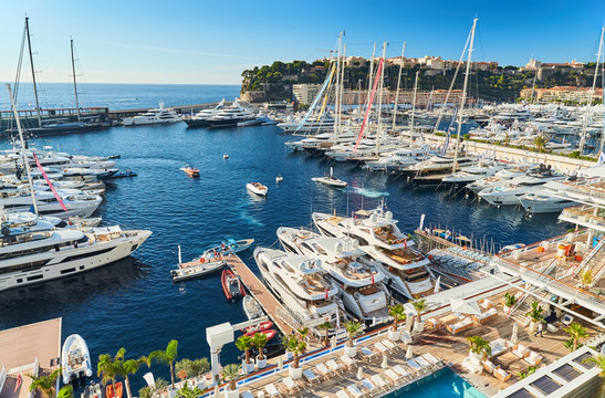 Monaco, Monte-Carlo, 29 September 2016: World Fair MYS Monaco Yacht Show, Port Hercules, luxury megayachts, many shuttles, taxi boat, presentations, Journalists, boat traffic, Azur water