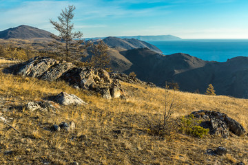 Beautiful views of Lake Baikal in steppe Tazheranskaya