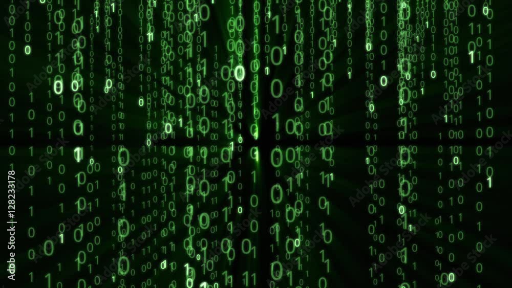 Wall mural the binary code flying down. falling numbers.
