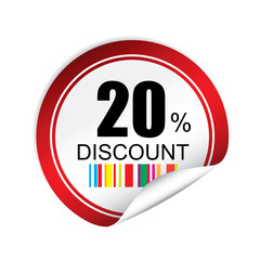 20% discount red sticker, button, label and sign.