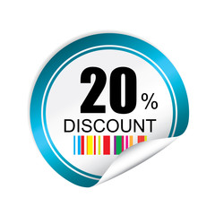 20% discount blue sticker, button, label and sign.
