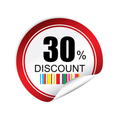 30% discount red sticker, button, label and sign.