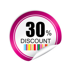 30% discount pink sticker, button, label and sign.