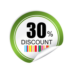 30% discount green sticker, button, label and sign.