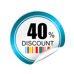 40% discount blue sticker, button, label and sign.