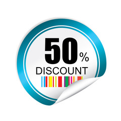 50% discount blue sticker, button, label and sign.