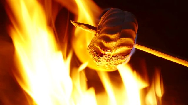 4K . Marshmallow At Camp Fire, bonfire. Macro food view