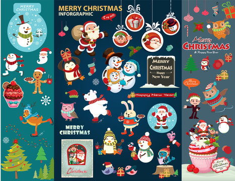 Vintage Christmas poster design with Christmas characters.