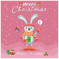 Vintage Christmas poster design with bird & rabbit characters.