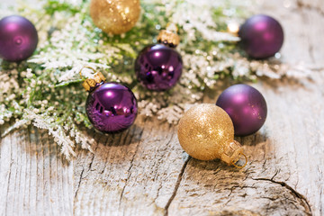 New Year's toys in bulk on a wooden background, card