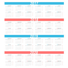 Simple calendar for 4 years 2017 2018 2019 2020. Week starts on Monday.