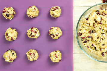 Christmas cookies; Cranberry white chocolate cookie dough prepare for bake.
