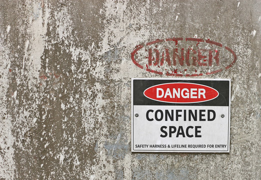 red, black and white Danger, Confined Space warning sign