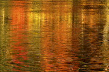 Colorful, abstract reflections of fall foliage on the Farmington River in Canton, Connecticut.