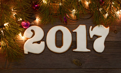 Christmas homemade gingerbread cookies on table, new year