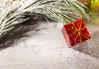 brightly colored gift boxes on wooden background, top view, new year and Christmas. Bright shade gift