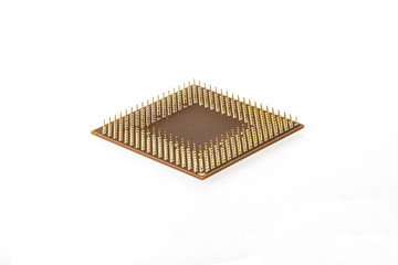 CPU. Computer processor unit on white background. Bottom view from the pins side.
