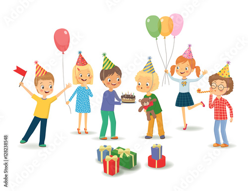 Cute Boy Celebrating Birthday With Her Friends Vector Isolated Stock