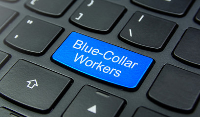 Business Concept: Close-up the Blue-Collar Workers button on the keyboard and have Azure, Cyan, Blue, Sky color button isolate black keyboard