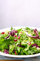 Green salad with spinach, frisee, arugula, radicchio and pomegranate seeds on blue wooden background