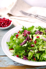 Green salad with spinach, frisee, arugula, radicchio and pomegranate seeds on blue wooden background