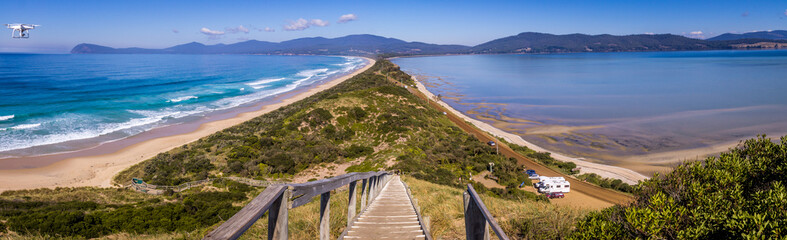 Fototapeta na wymiar Scenic shot from the Neck lookout on Bruny Island with drone