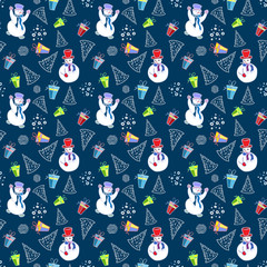 Christmas background. Snowmen and Christmas tree.  Illustration for a  wrapping paper,  wallpaper.  Elements for winter holiday card.  Seamless vector pattern.
