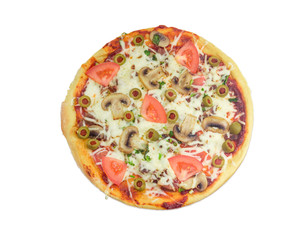 Pizza with chicken, mushrooms, tomatoes and olives on light back