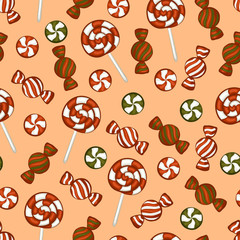 Christmas sweets. Candy and lollipops. Seamless pattern. Vector illustration.