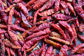 Dried red chillies drying on a wooden rack.