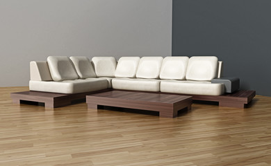 Modern and elegant sofa on parquet surface. 3D illustration