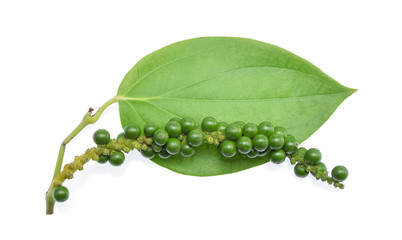 green peppercorns with leaf isolated on a white background