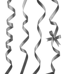 Collage of festive silver ribbons on white background