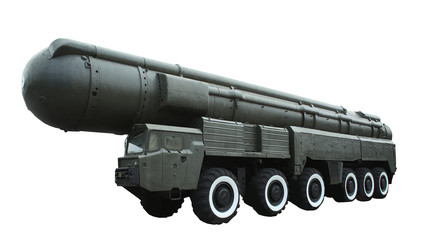Mobile launcher of intercontinental ballistic missile on white background