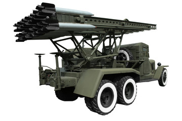 Multiple launch rocket system on white background