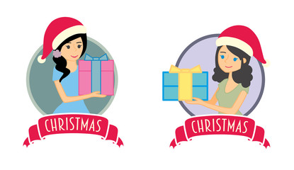 Set of Merry Christmas vector illustrations with young woman holding a present box