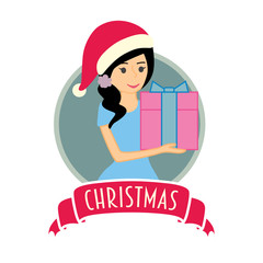 Merry Christmas vector illustration with young woman and gift